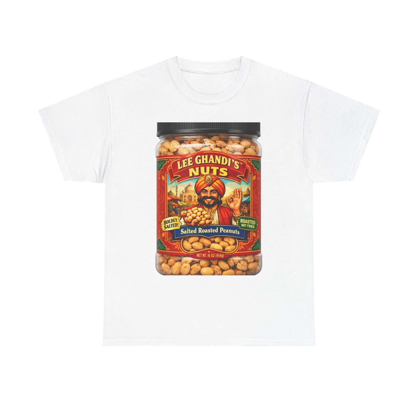 Peanut Jar Graphic Tee — "Lee Ghandi's Nuts" Retro Snack Label T-Shirt