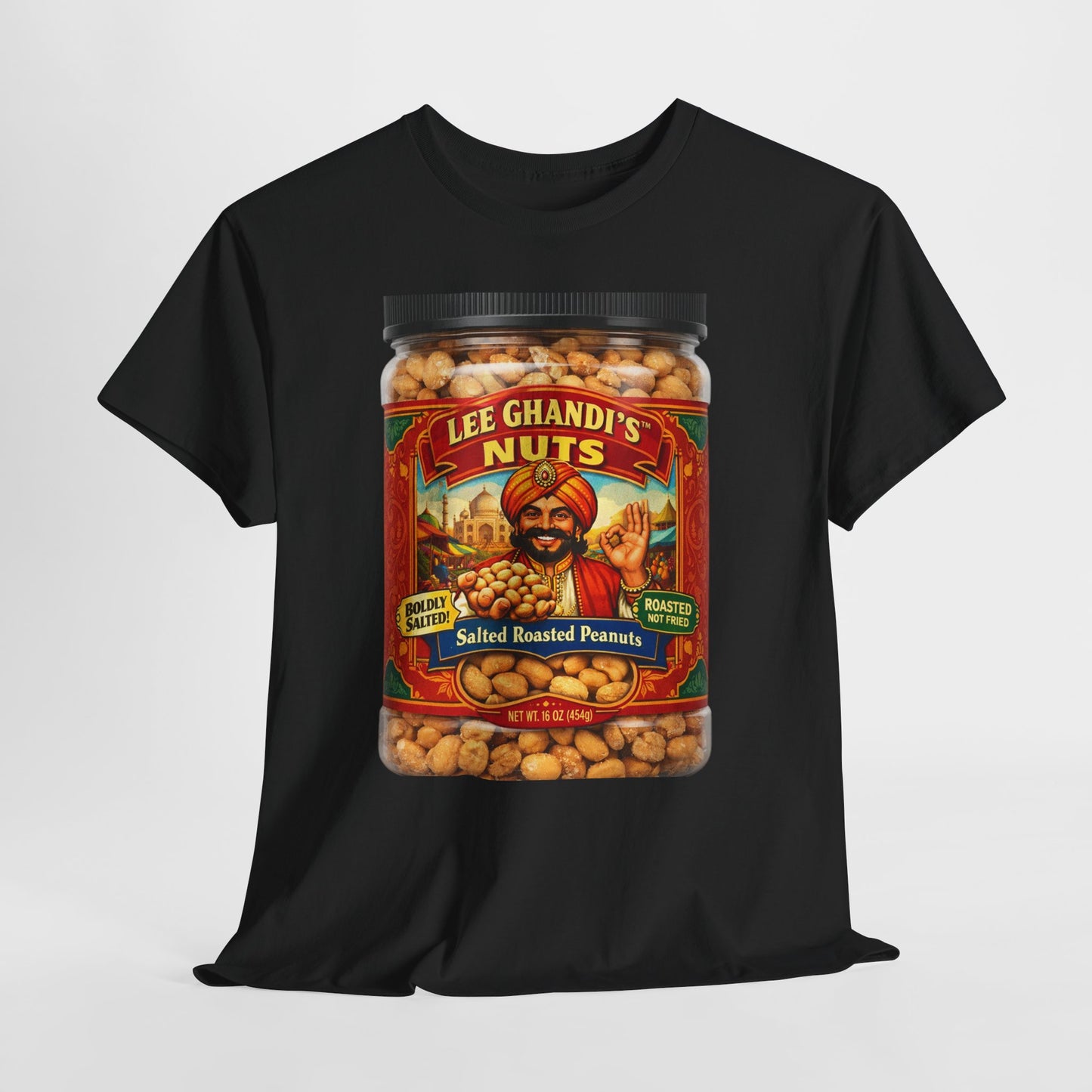 Peanut Jar Graphic Tee — "Lee Ghandi's Nuts" Retro Snack Label T-Shirt