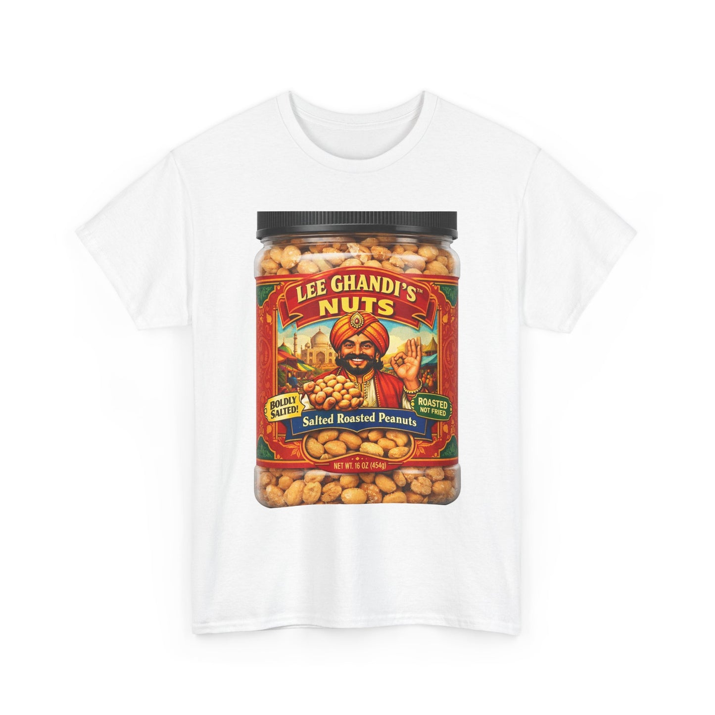 Peanut Jar Graphic Tee — "Lee Ghandi's Nuts" Retro Snack Label T-Shirt