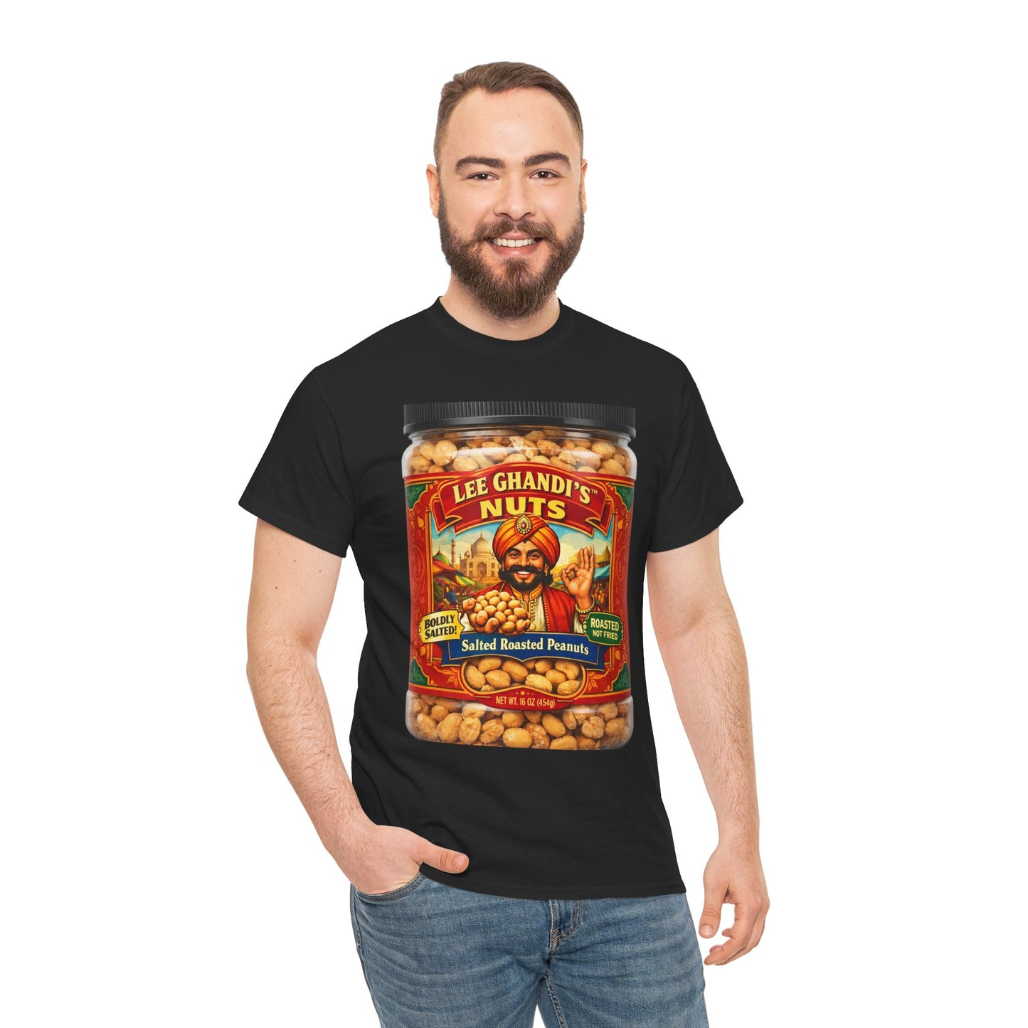 Peanut Jar Graphic Tee — "Lee Ghandi's Nuts" Retro Snack Label T-Shirt