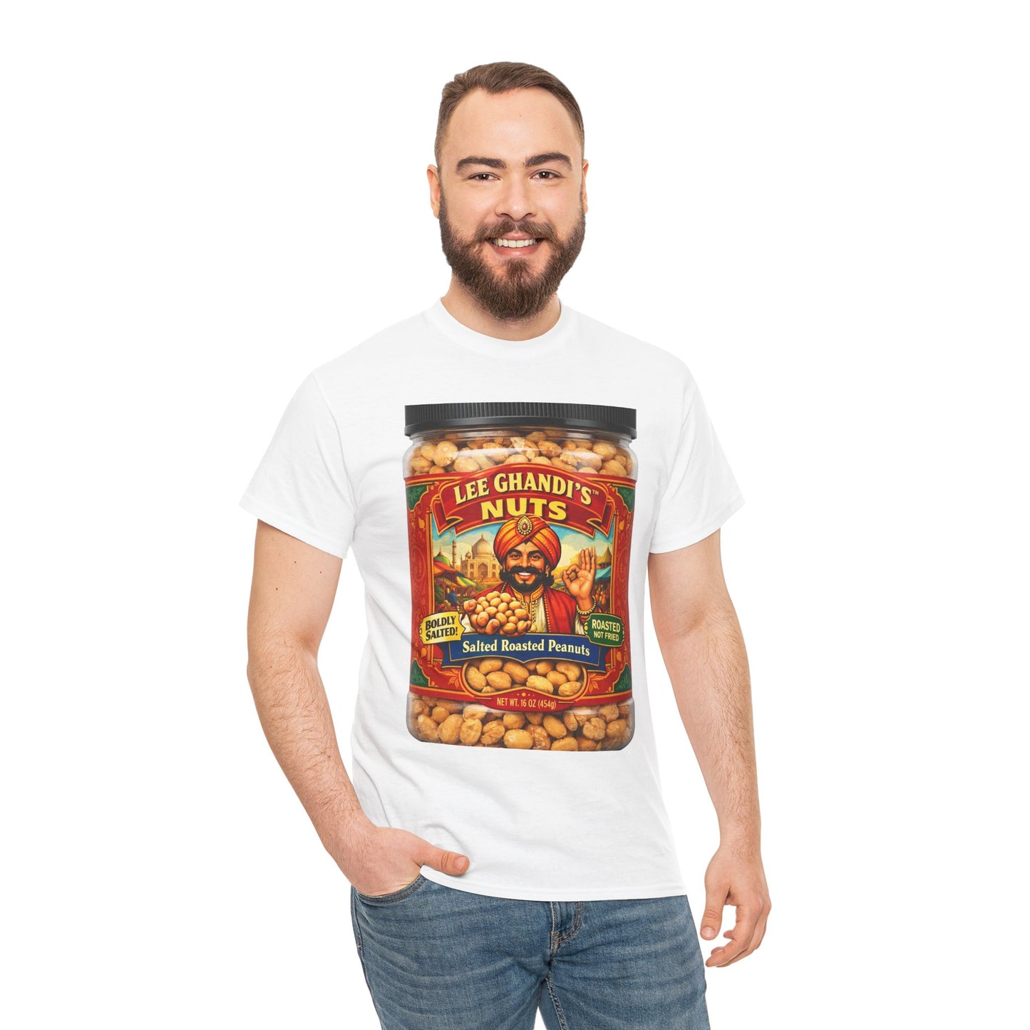 Peanut Jar Graphic Tee — "Lee Ghandi's Nuts" Retro Snack Label T-Shirt