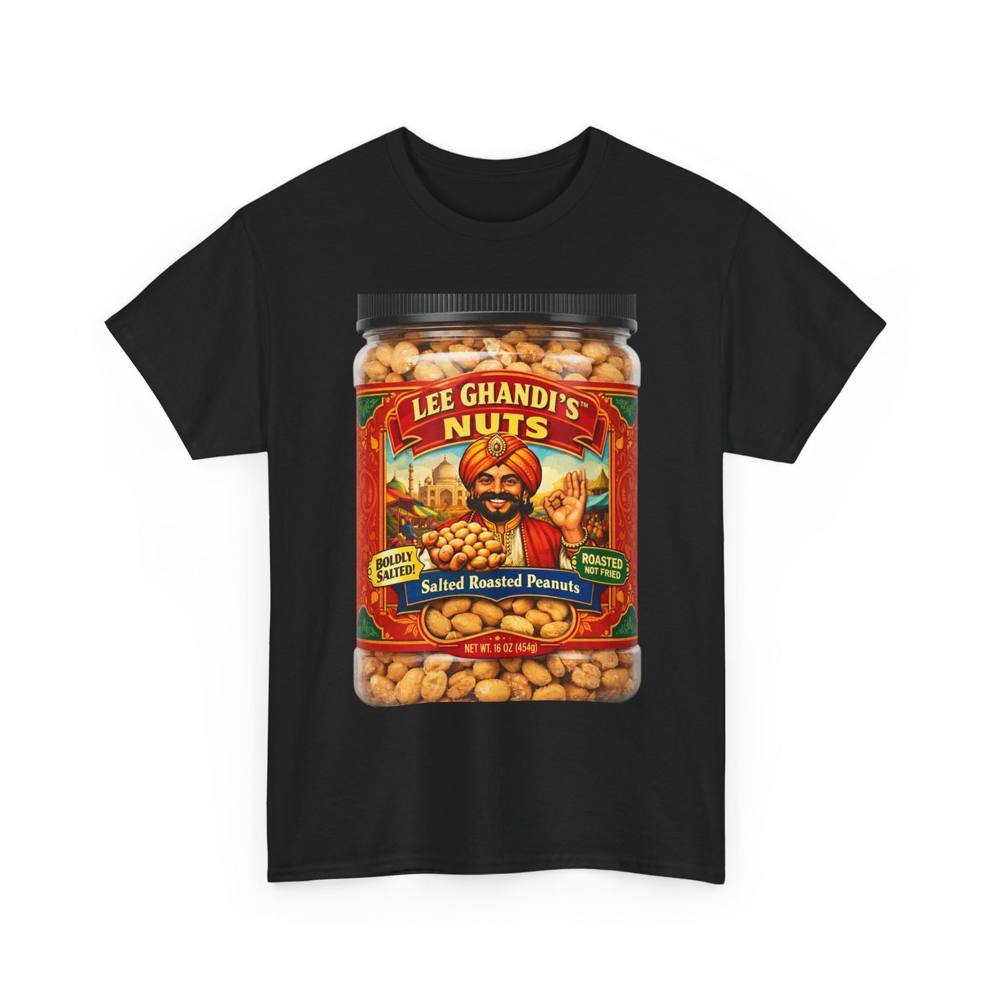 Peanut Jar Graphic Tee — "Lee Ghandi's Nuts" Retro Snack Label T-Shirt