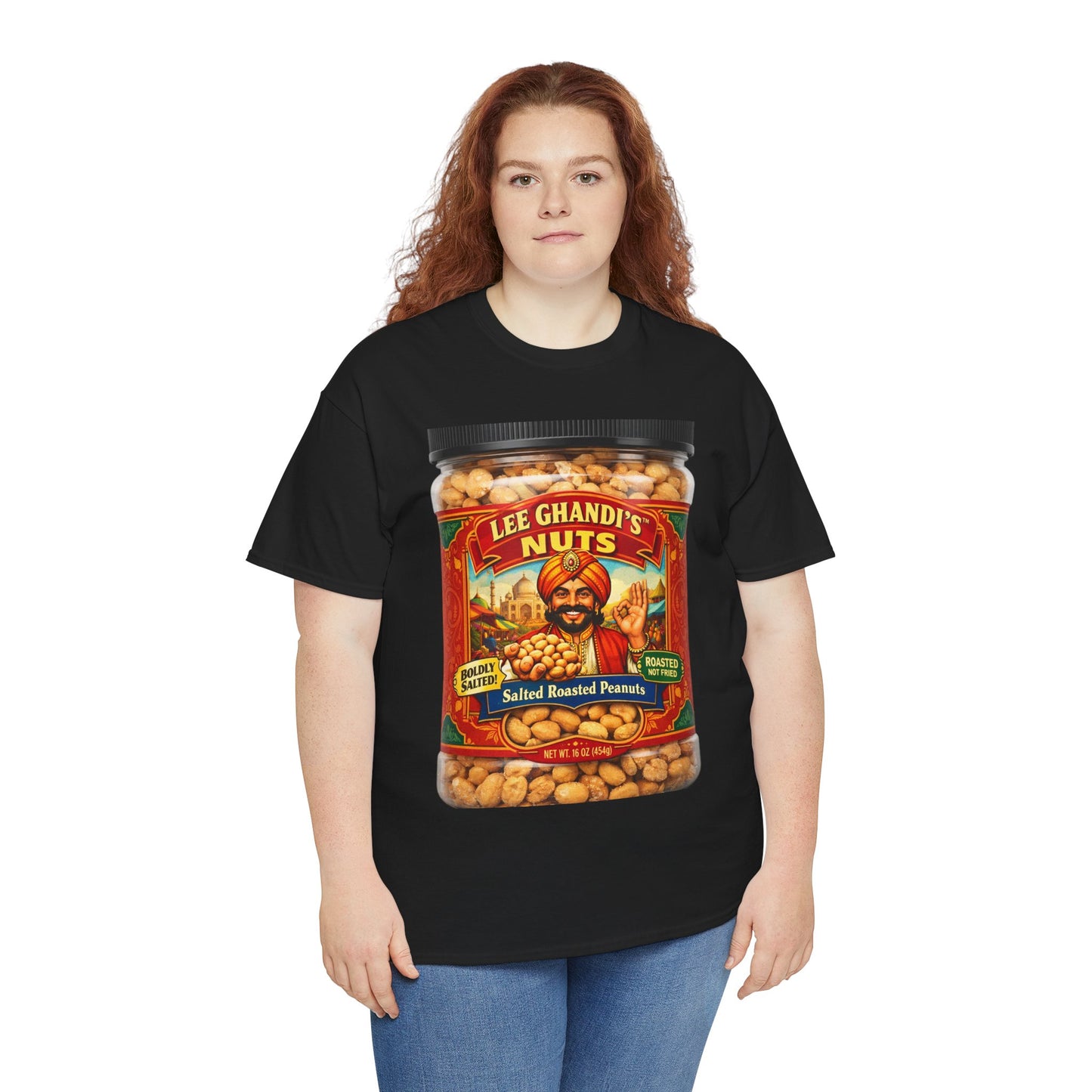Peanut Jar Graphic Tee — "Lee Ghandi's Nuts" Retro Snack Label T-Shirt