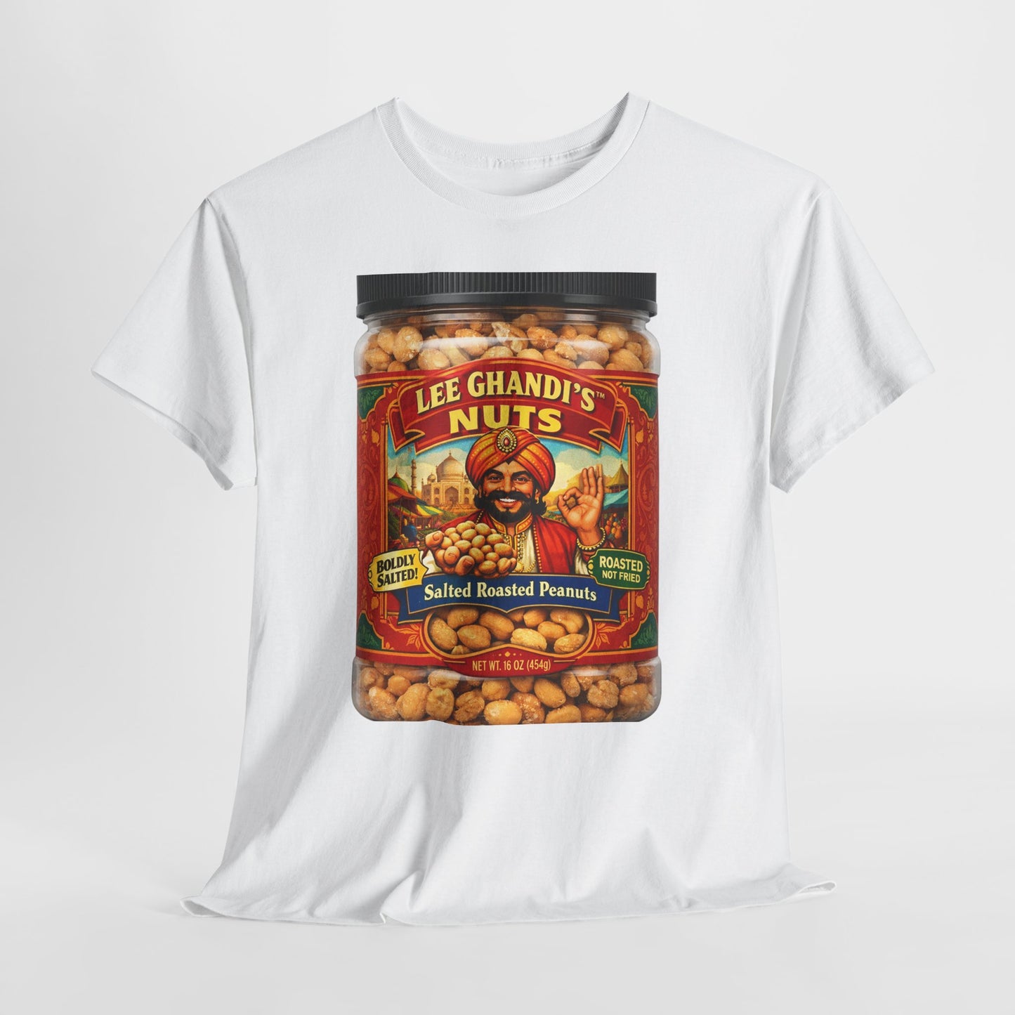 Peanut Jar Graphic Tee — "Lee Ghandi's Nuts" Retro Snack Label T-Shirt