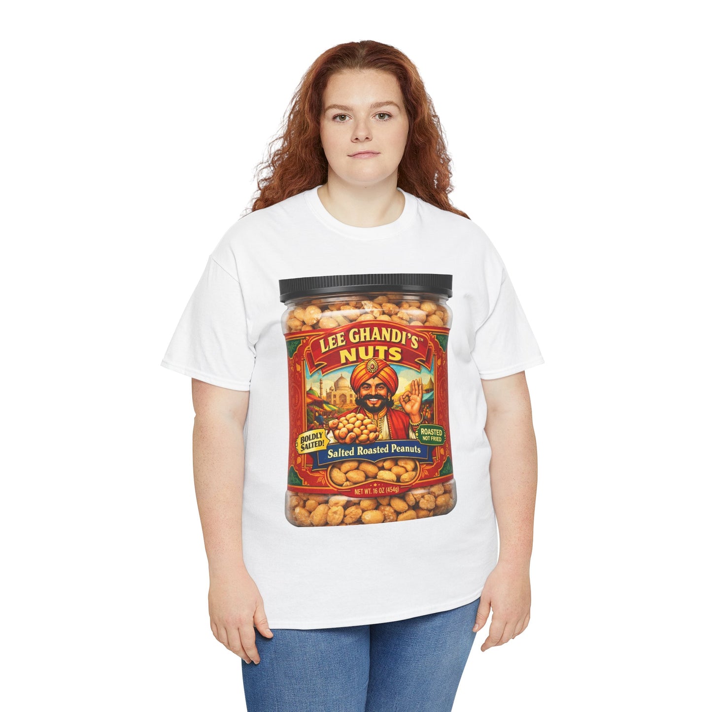 Peanut Jar Graphic Tee — "Lee Ghandi's Nuts" Retro Snack Label T-Shirt